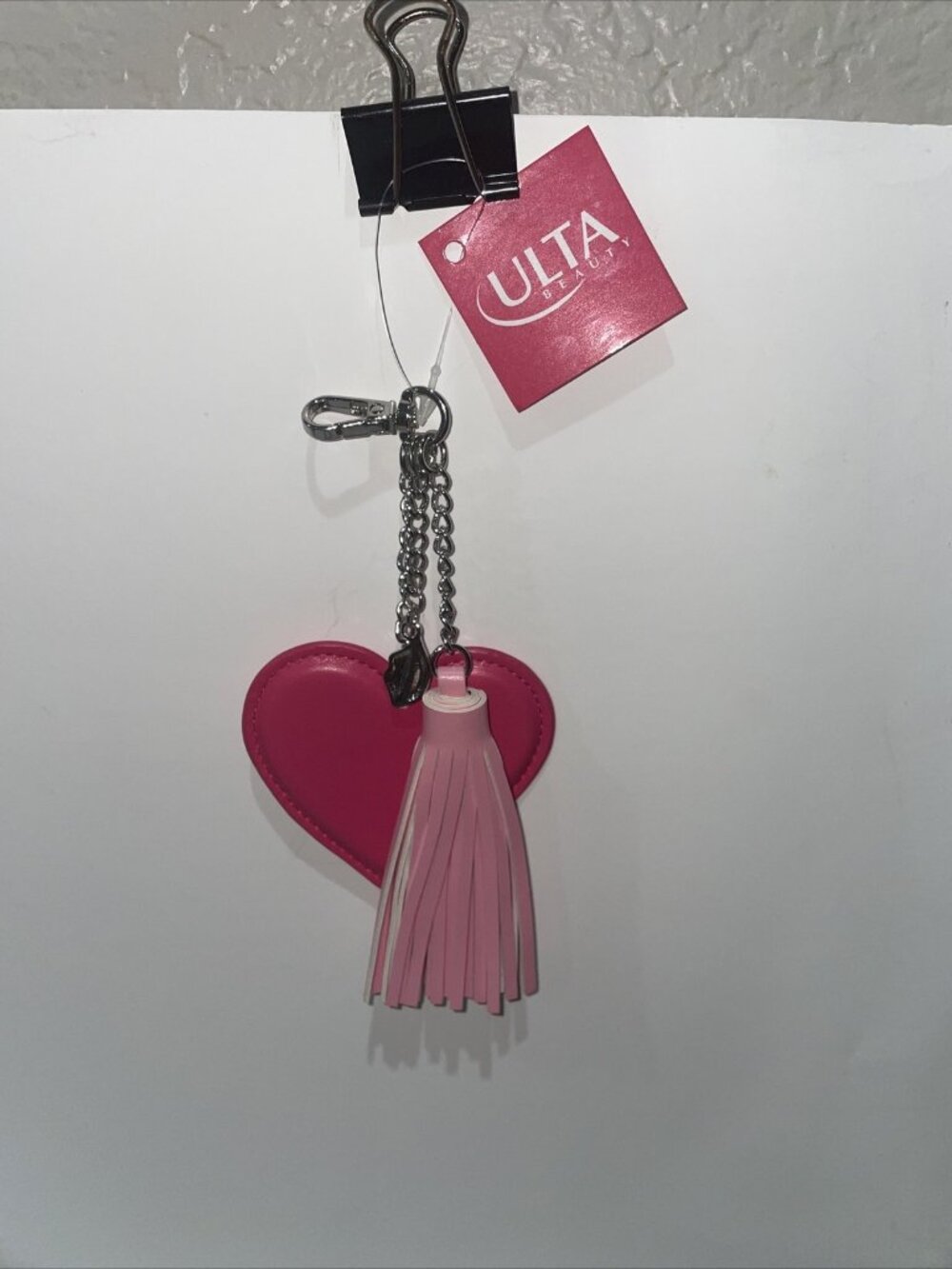 Valentine Themed Gifts; ULTA Pink Leather Heart Silver Key Chain~NIP